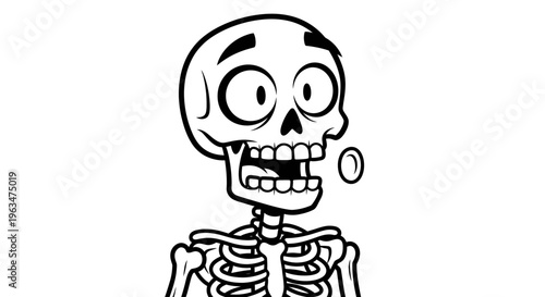 Amused cartoon skeleton with a surprised expression and open mouth on an isolated white background.