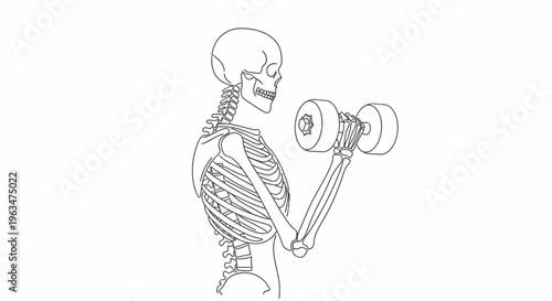 Strong skeleton lifting a dumbbell during a workout session on an isolated white background.