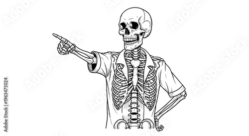 Human skeleton wearing a shirt and pointing to the side in a directive gesture on an isolated white background.