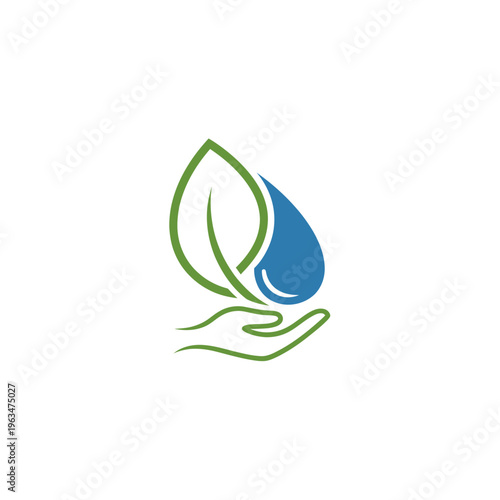 Stylized hand holding green leaf and blue water drop logo