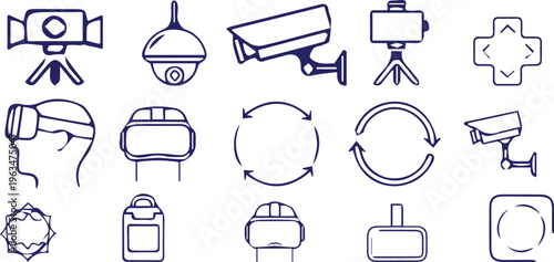 A collection of various security camera and surveillance icons in a simple line style.