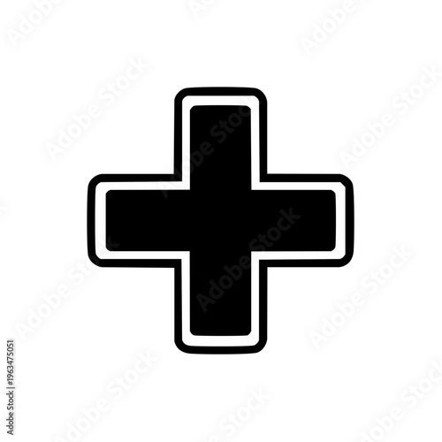 Simple Black Cross Symbol with White Outline Graphic Icon