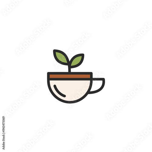 Teacup with green plant leaves icon
