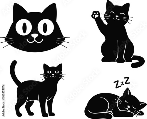 Black cat silhouette set illustration, cute feline poses collection, sleeping sitting waving kitten icons, minimalist vector design, pet animal graphic