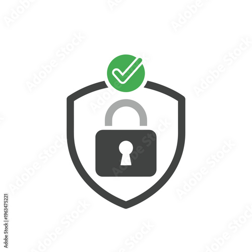 Verified security shield and padlock with green checkmark icon