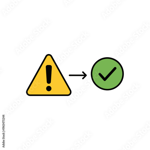 Warning sign to success checkmark with arrow icon
