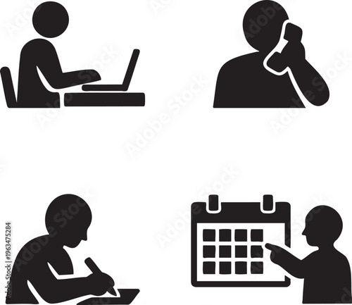 Four black of people working and planning on white background person laptop desk chair