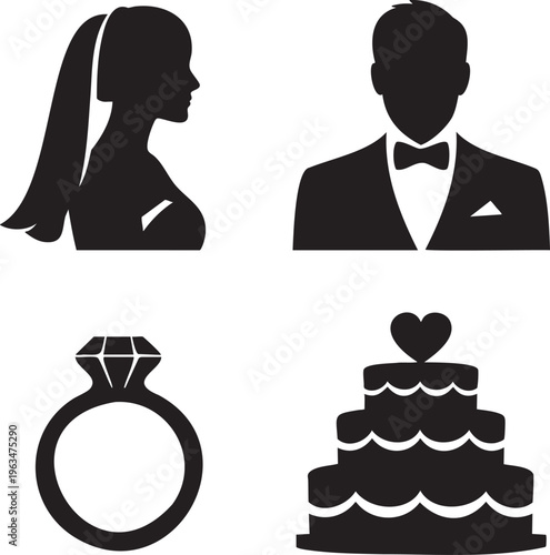 Bride groom diamond ring wedding cake black silhouette couple marriage