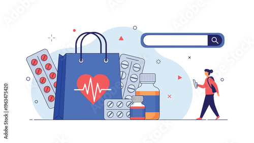 Online pharmacy concept showing a shopping bag with a heart pulse icon and various medicine packages on blue.