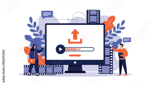 Video content marketing showing people uploading a media file to a computer screen with film strips on blue.