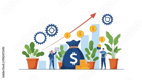 Sustainable investment growth showing people tending to plants near a money bag and rising bar charts on white.