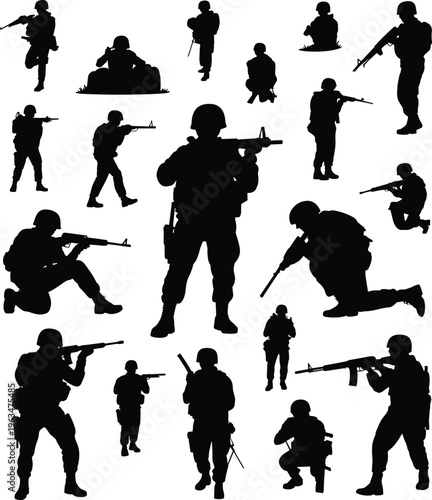 Soldier silhouettes set with military combat poses and weapons isolated on white background, army troops vector illustration collection for defense, war, and tactical design