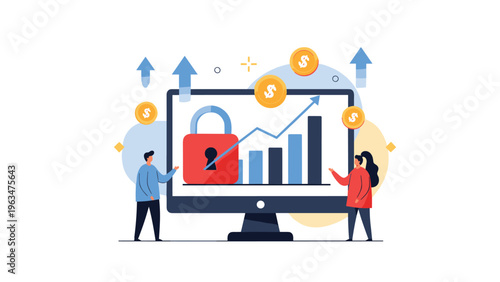 Secure financial growth presentation showing people with a computer monitor featuring a lock icon and charts.