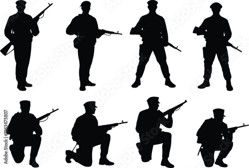 Soldier silhouettes with rifles in standing and kneeling combat poses isolated on white background, military army vector illustration set for defense, war, and tactical design
