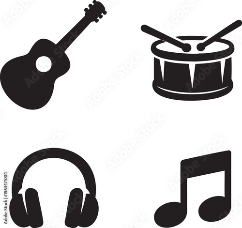 Black silhouette of guitar drum headphones and musical note