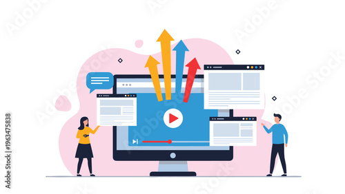 Viral video marketing strategy concept showing people interacting with a screen displaying play icons and arrows.