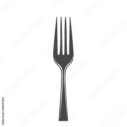 Simple dark gray metal fork with four tines depicted on a white background