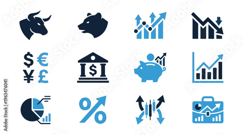 Financial Market Trends and Investment Icons in Flat Design