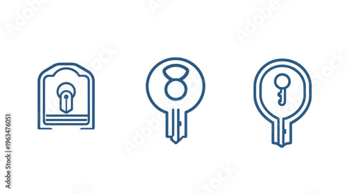Three minimalist key icons in shades of blue on white background, design elements, security, access