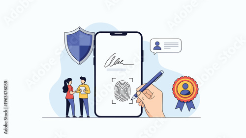 Digital signature and authentication showing a hand signing a document on a phone with fingerprint and shield.