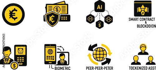 Fintech and blockchain icons set, 8 digital finance vector elements, cryptocurrency smart contract and biometric security graphics in yellow and black