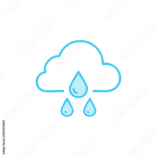 Simple outline icon of a blue cloud raining water droplets with a white background
