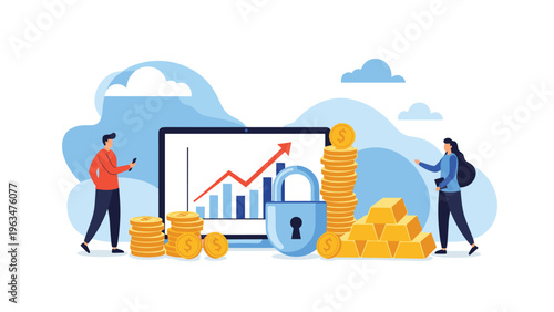 Wealth protection concept showing people near a computer with growth charts and a large blue security lock.