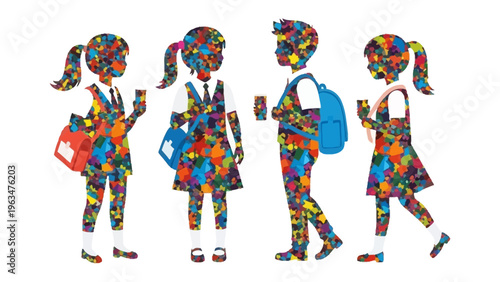 Students immersed in patterns: Silhouettes of students are filled with a tapestry of vibrant patterns, each one unique, as they engage with digital devices.