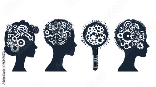 Four silhouettes displaying a conceptual idea of the human mind filled with cogs and gears
