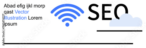 Digital marketing, web development, connectivity, cloud technology, SEO strategies, internet services. Blue wireless icon with cloud and text. Digital marketing and connectivity concept