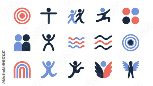 Assorted medical and scientific symbols including cross, caduceus, and atomic structures