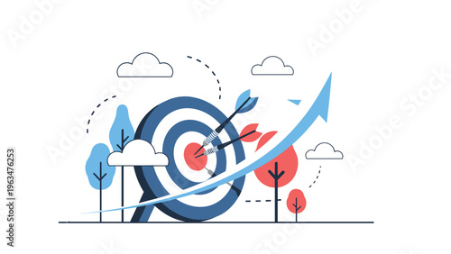 Goal achievement and success concept showing a target with arrows and an upward trending line arrow on white.