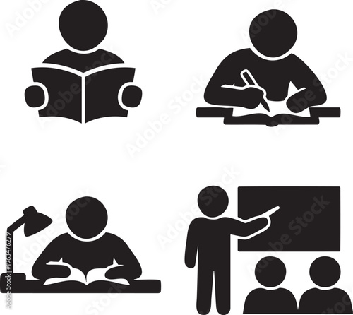 Four black depicting learning and teaching activities education reading writing