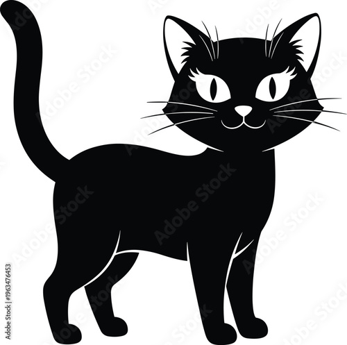 Black cat silhouette illustration, cute feline pet standing with tail up, minimalist vector icon design, animal symbol, halloween concept art