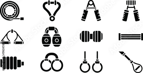 Fitness equipment icons set, black solid gym workout tools vector collection, hand grip strengthener and resistance bands for strength training
