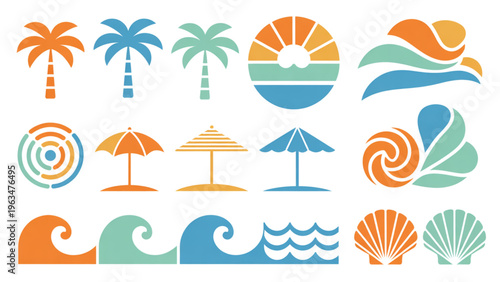 Colorful icons depicting tropical vacation and beach activities