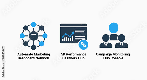 Automated marketing dashboard, ad performance, and campaign monitoring icons for business analytics and strategy