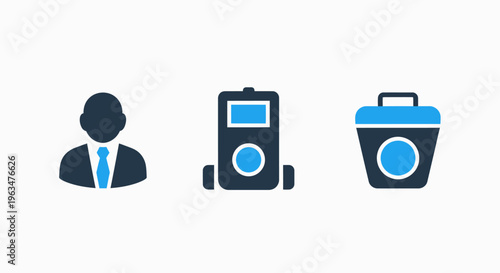 Business professional, communication device, and waste management icons for corporate operations and sustainability
