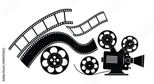 Film reels projector and camera elements in a dramatic silhouette