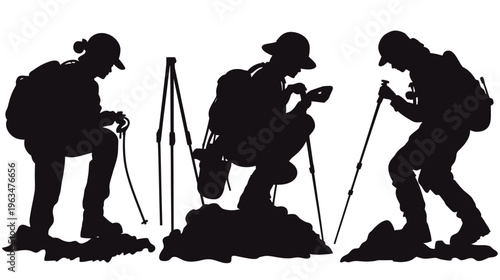 Three silhouetted figures hiking with gear and poles, set against a stark white backdrop