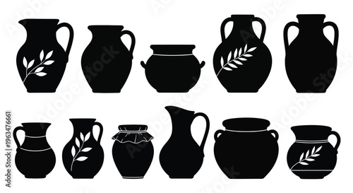 Collection of antique ceramic jugs and pots in dark silhouette