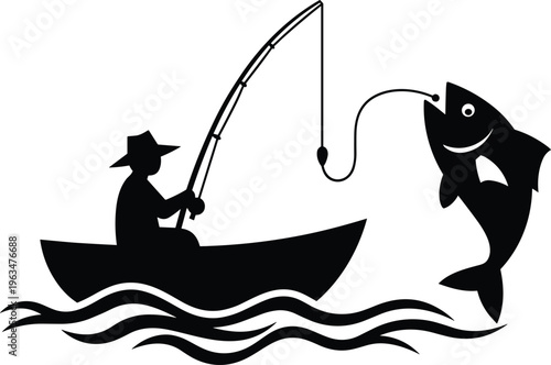 Fishing silhouette illustration, fisherman boat catching fish with rod hook, lake waves scene, outdoor sport activity, black vector icon design