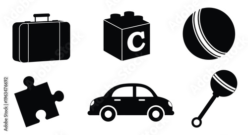 Black silhouettes of toys travel and childhood objects silhouette