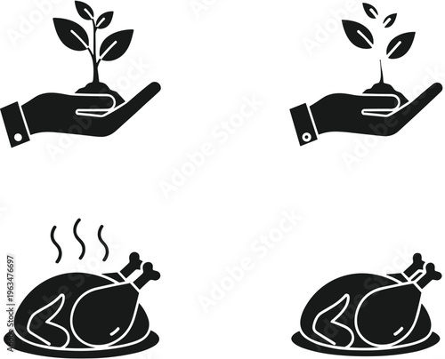 Hand Holding Plant and Roasted Chicken Icon Set with Solid and Minimal Styles for Eco Growth, Food, Agriculture, and Sustainability Design Concepts
