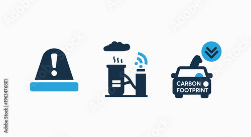 Carbon footprint reduction and environmental impact monitoring icons representing industrial emissions, sustainability, and pollution control measures