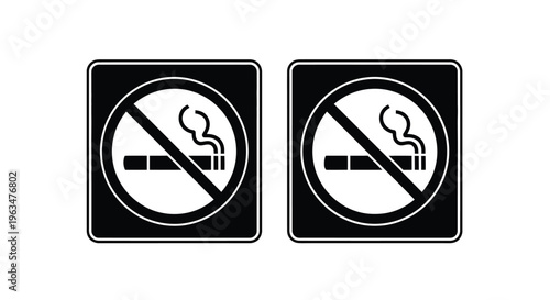 Two black square no smoking signs with circular designs silhouette