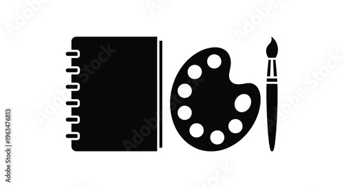 Art supplies including a sketchbook and paint in black silhouette