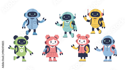 Digital school kids bots illustration: A playful illustration depicts a group of cheerful robots, each one carrying a backpack, ready for the school adventure.