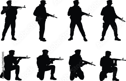 Soldier silhouettes with rifles in standing and kneeling poses isolated on white background, military army vector illustration set for combat, defense, and tactical design