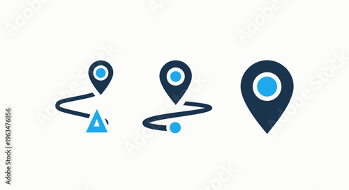 Gps navigation pins, location tracking routes, and travel path markers for global positioning systems, mapping, and digital journey planning